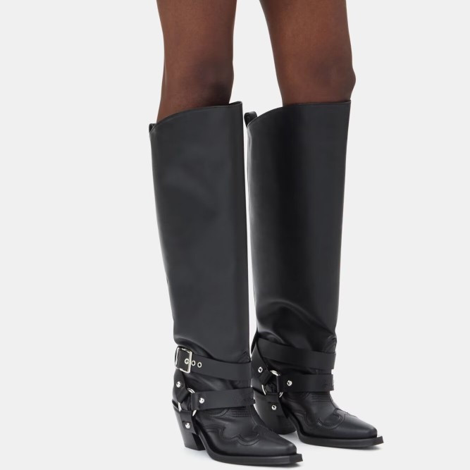 Women'S Fashion Knee High Boots - المرأة جلد أسود الركبة عالية أحذية