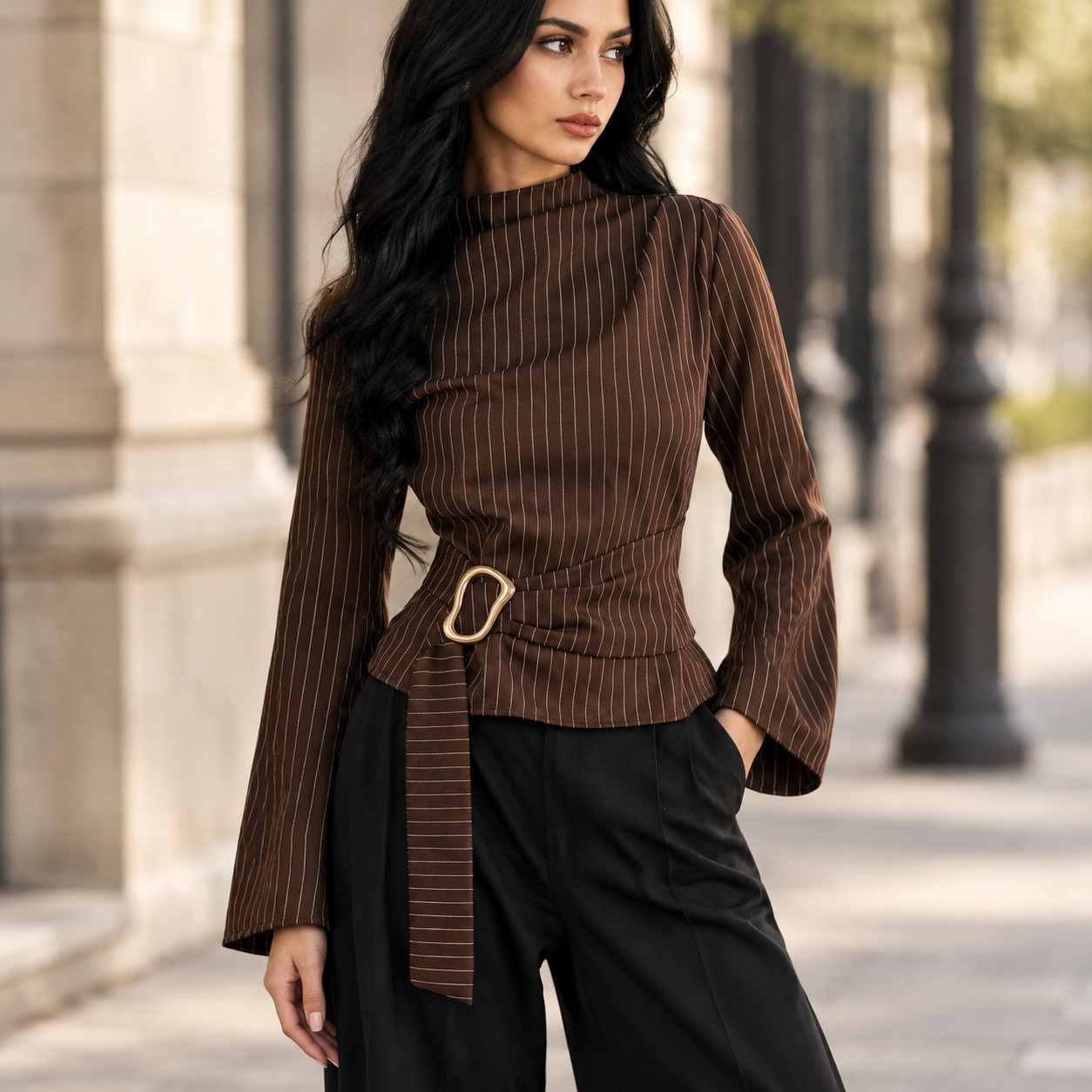 بلوزة بأكمام طويلة مخططة بياقة - مراجعة Women Fashion Necktie وسعره