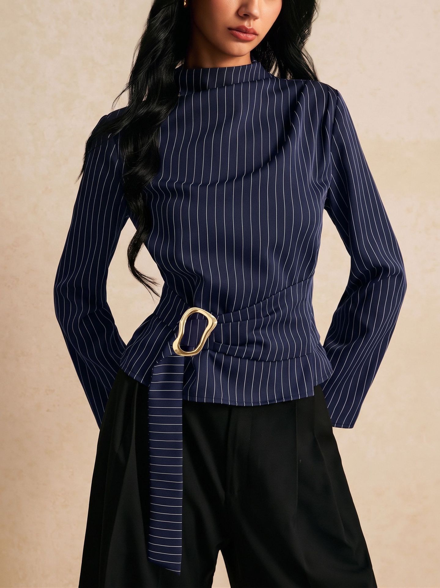 بلوزة بأكمام طويلة مخططة بياقة - مراجعة Women Fashion Necktie وسعره